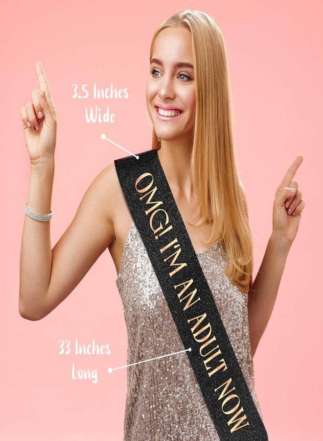 بارتي فور إيفر وشاح PartyForever OMG! أنا بالغة الآن - وشاح أسود لامع بأحرف ذهبية وردية ودبوس لؤلؤي فاخر | وشاح مرح لعيد الميلاد الثامن عشر أو التخرج | طويل جدًا، ظهر ناعم، هدية عصرية - Image 2